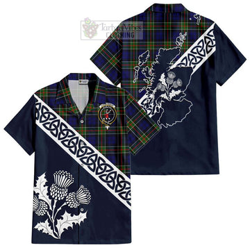 Colquhoun Tartan Short Sleeve Button Shirt Featuring Thistle and Scotland Map