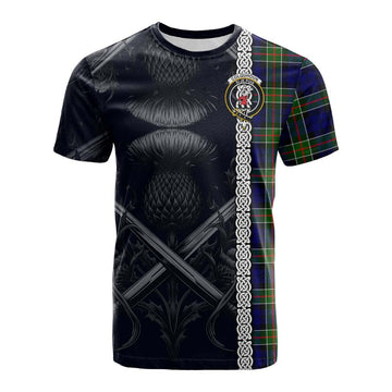 Colquhoun Tartan Cotton T-shirt with Family Crest Cross Sword Thistle Celtic Vibes