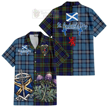 Colquhoun Tartan Short Sleeve Button Shirt Happy St. Andrew's Day Half Tartan Style