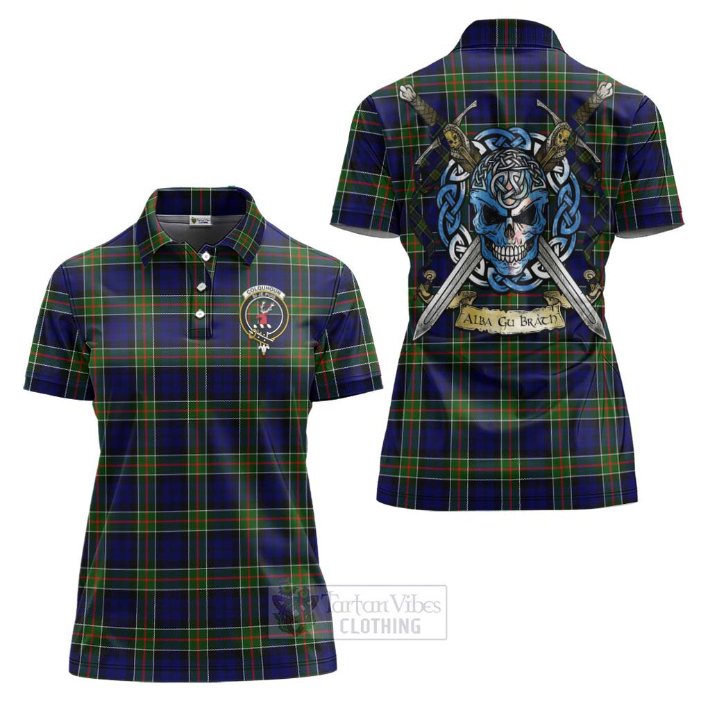 Tartan Vibes Clothing Colquhoun Tartan Women's Polo Shirt with Family Crest Celtic Skull Style