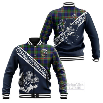 Colquhoun Tartan Baseball Jacket Featuring Thistle and Scotland Map