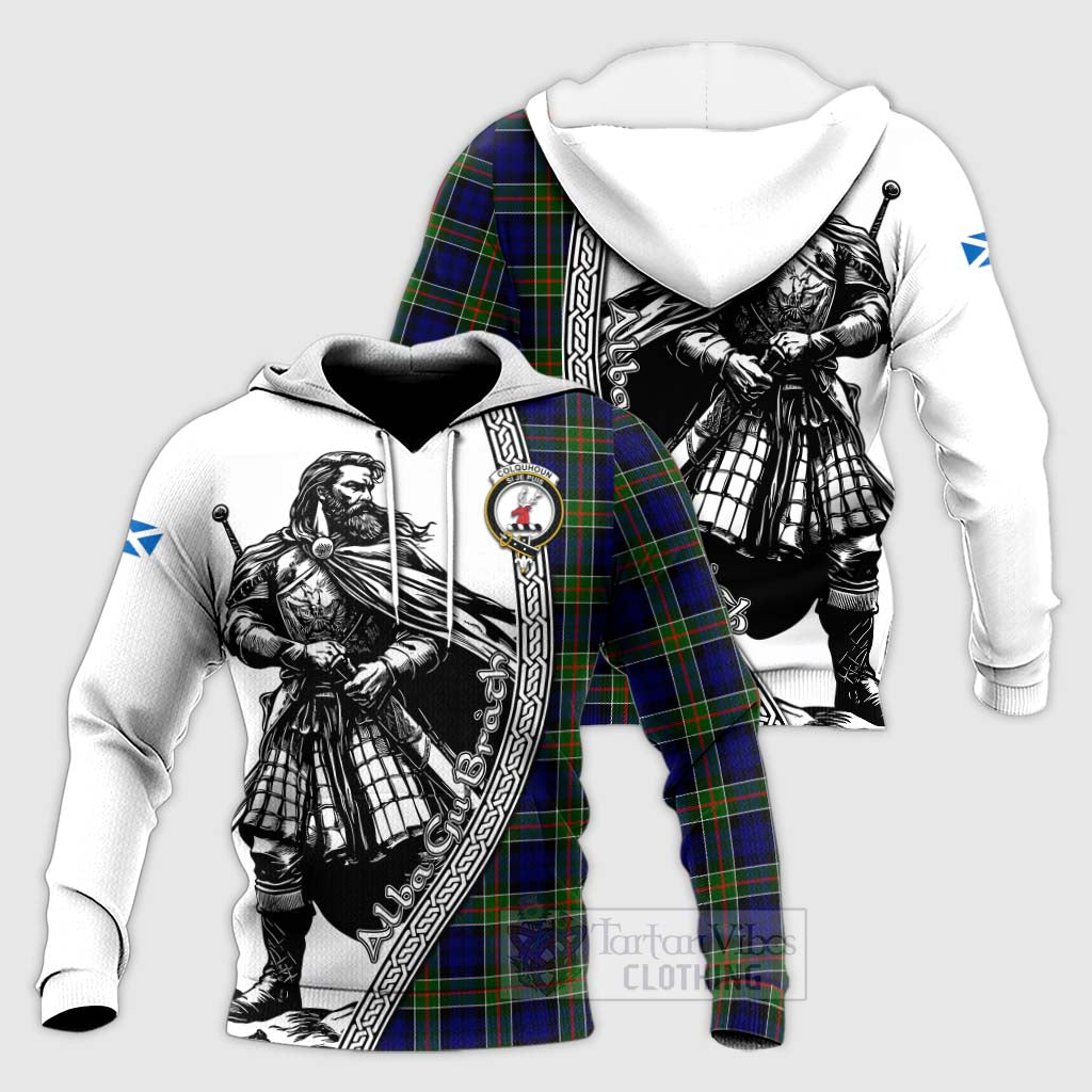 Tartan Vibes Clothing Colquhoun Tartan Clan Crest Knitted Hoodie with Highlander Warrior Celtic Style