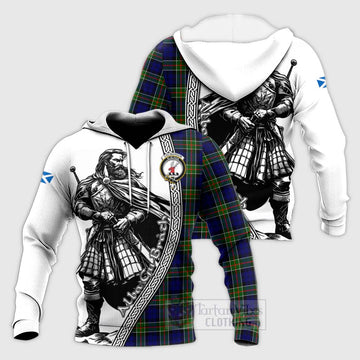 Colquhoun Tartan Clan Crest Knitted Hoodie with Highlander Warrior Celtic Style