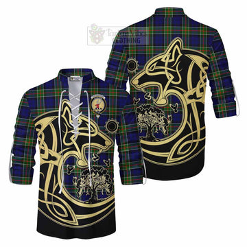 Colquhoun Tartan Ghillie Kilt Shirt with Family Crest Celtic Wolf Style