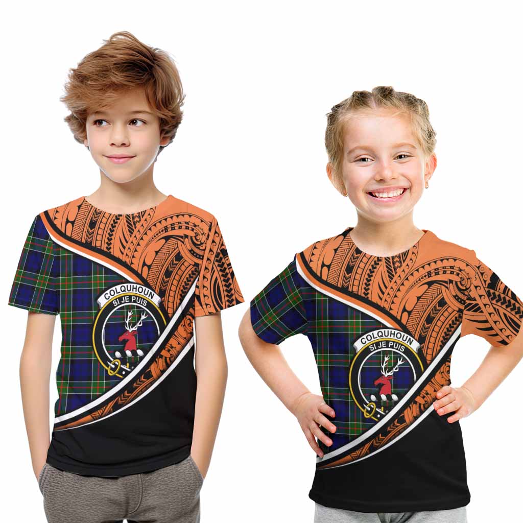 Tartan Vibes Clothing Colquhoun Crest Tartan Kid T-Shirt with Maori Tattoo Style - Orange Version