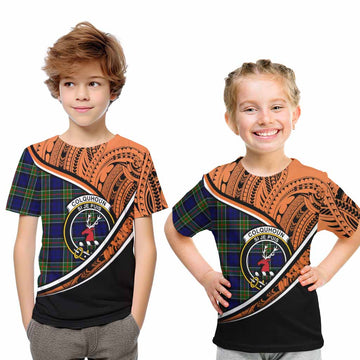 Colquhoun Crest Tartan Kid T-Shirt with Polynesian Vibes Style - Orange Version