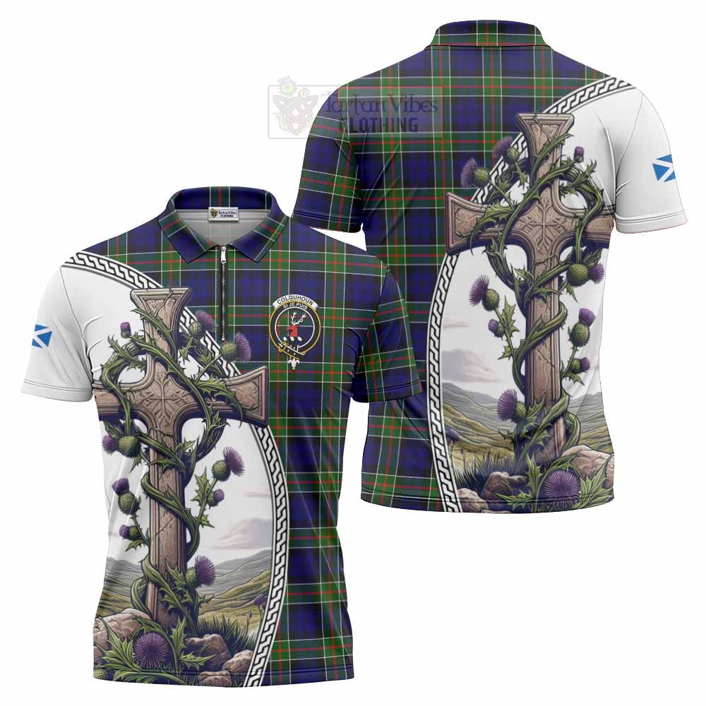 Tartan Vibes Clothing Colquhoun Tartan Zipper Polo Shirt with Family Crest and St. Andrew's Cross Accented by Thistle Vines