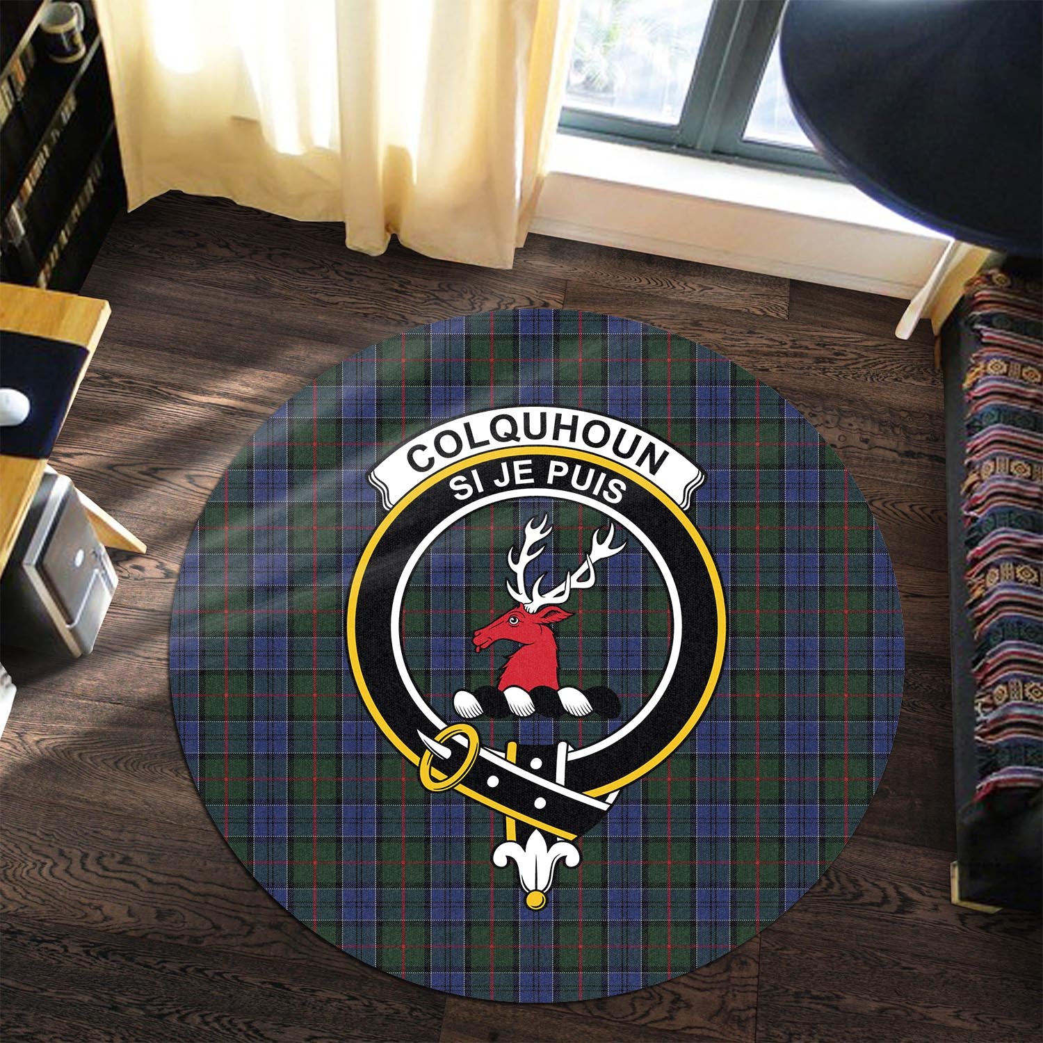 Colquhoun Tartan Round Rug with Family Crest - Tartanvibesclothing