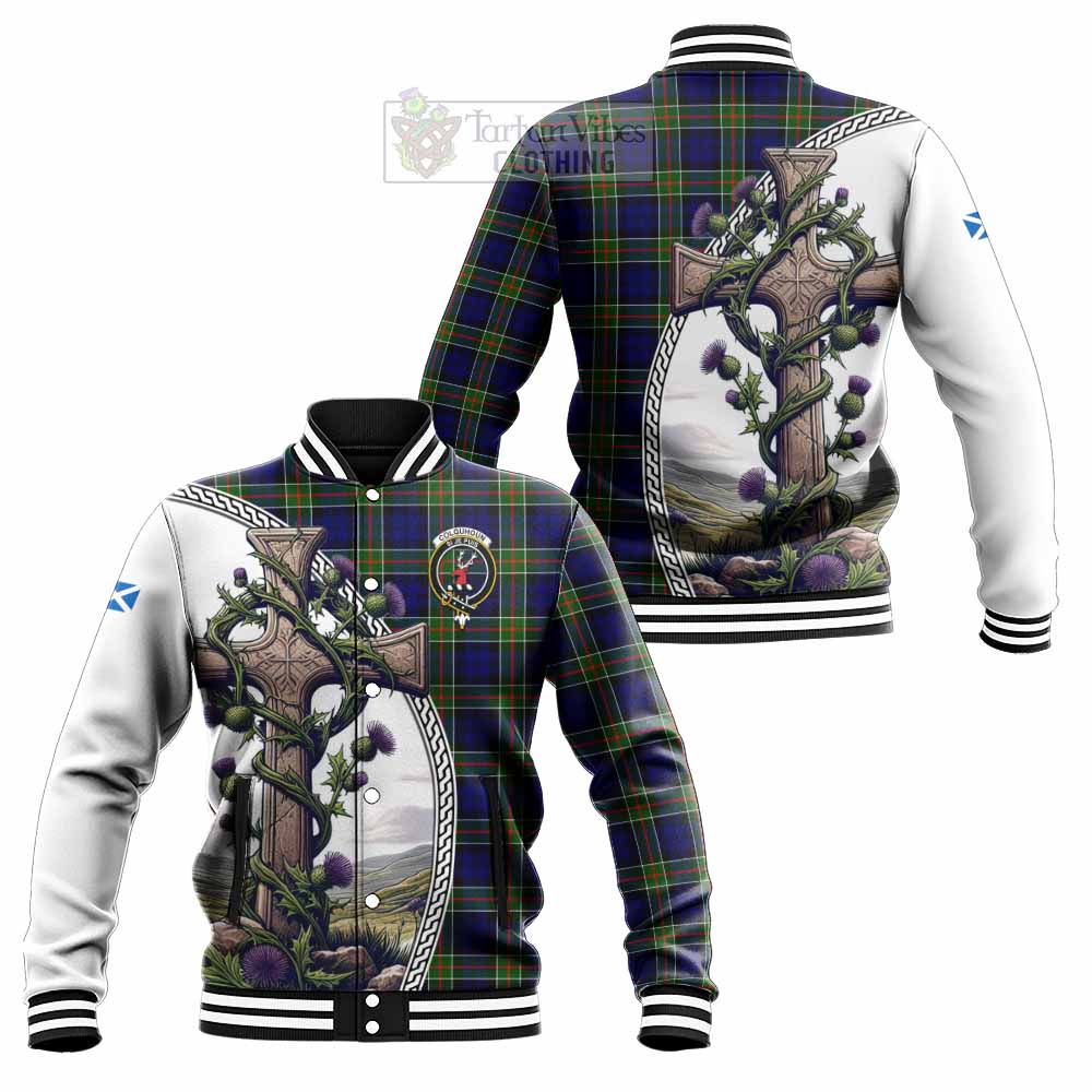 Tartan Vibes Clothing Colquhoun Tartan Baseball Jacket with Family Crest and St. Andrew's Cross Accented by Thistle Vines