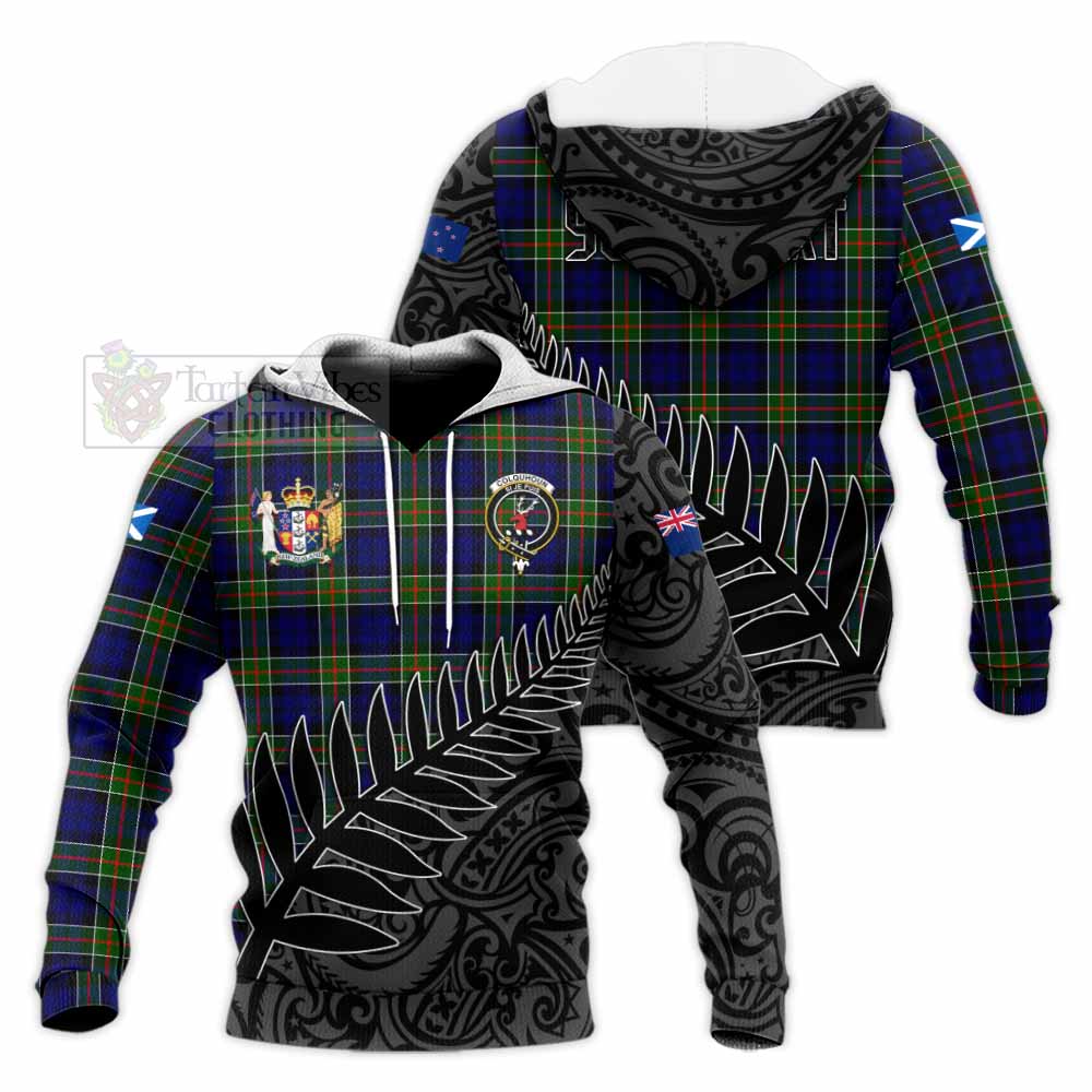 Tartan Vibes Clothing Colquhoun Crest Tartan Knitted Hoodie with New Zealand Silver Fern Half Style