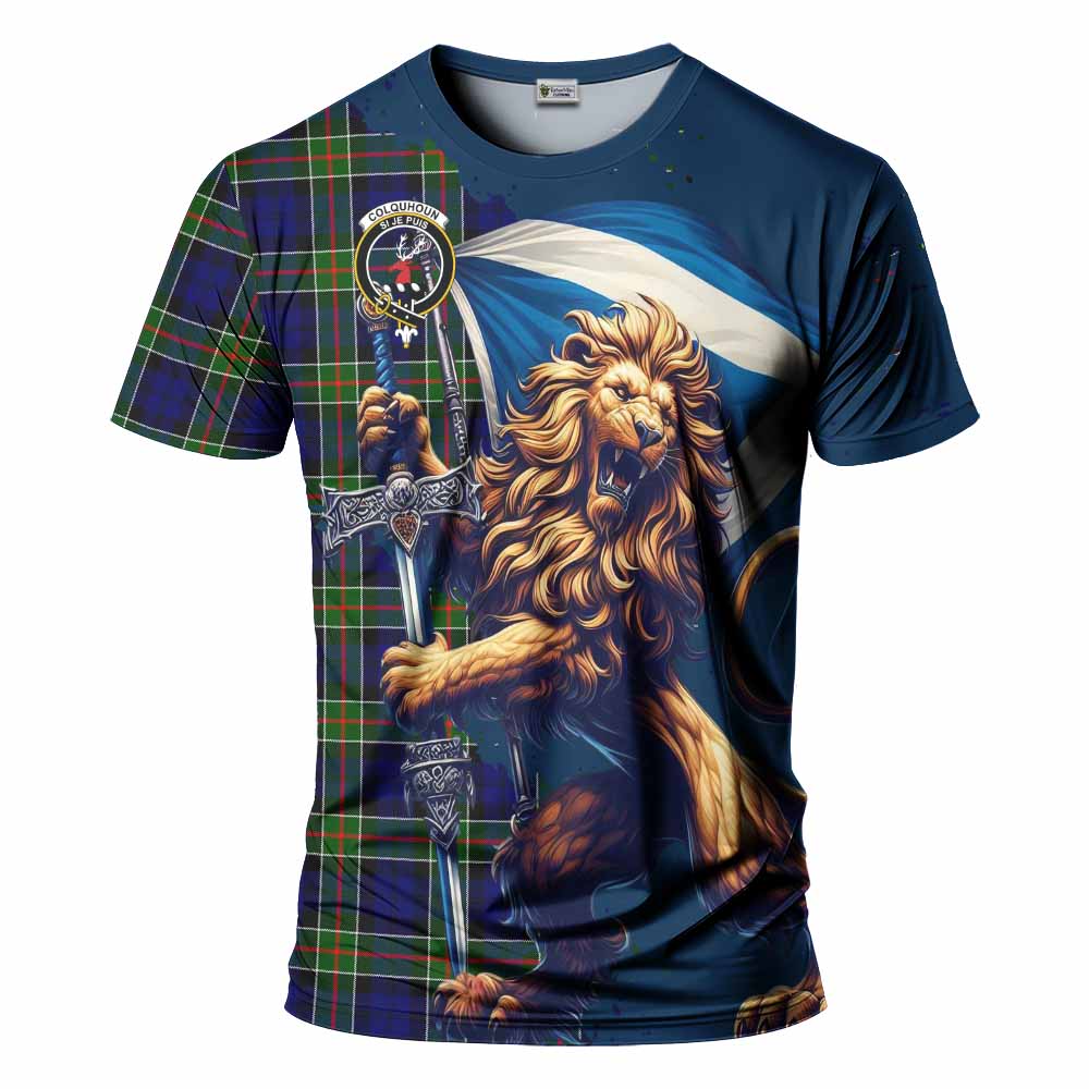 Tartan Vibes Clothing Colquhoun Tartan Family Crest T-Shirt with Scottish Majestic Lion