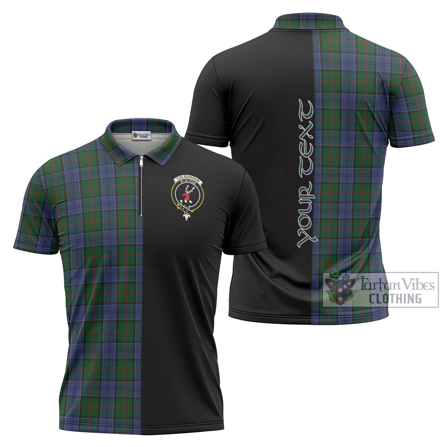 Tartan Vibes Clothing Colquhoun Tartan Zipper Polo Shirt with Family Crest and Half Of Me Style