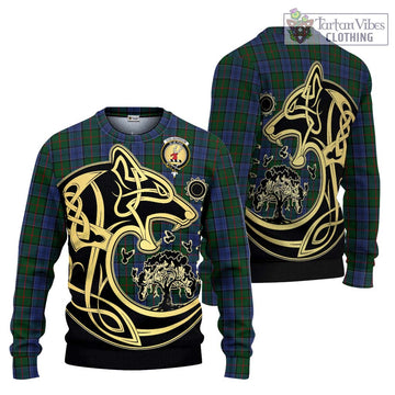 Colquhoun Tartan Knitted Sweater with Family Crest Celtic Wolf Style