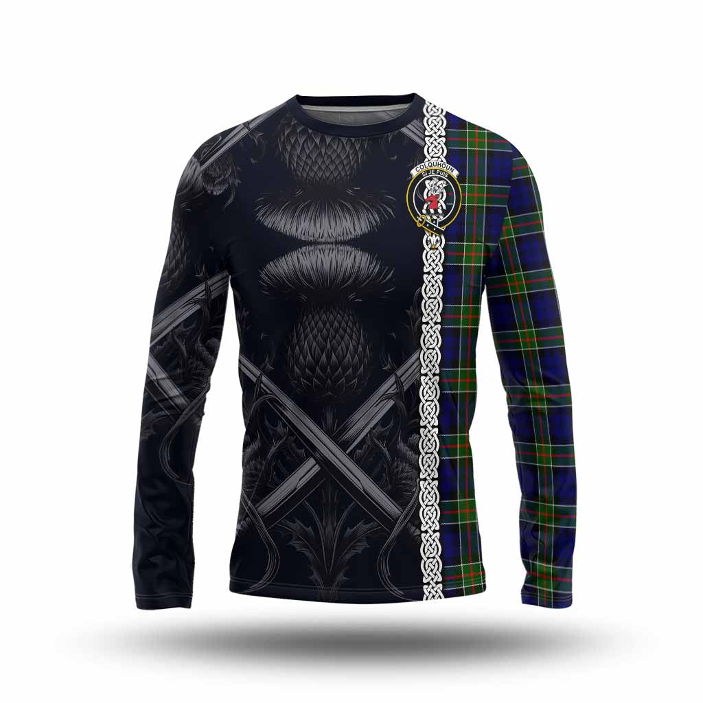 Tartan Vibes Clothing Colquhoun Tartan Long Sleeve T-Shirt with Family Crest Cross Sword Thistle Celtic Vibes