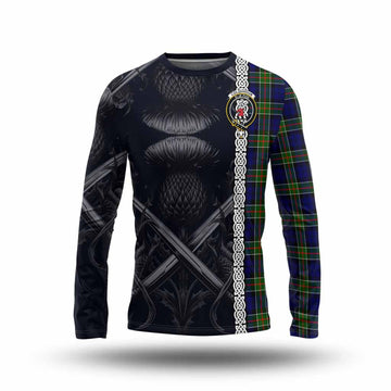 Colquhoun Tartan Long Sleeve T-Shirt with Family Crest Cross Sword Thistle Celtic Vibes