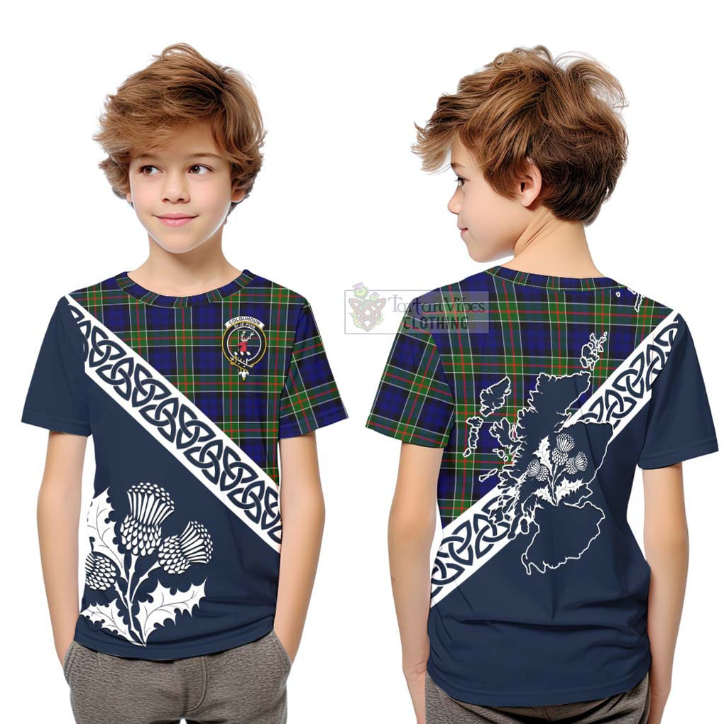 Tartan Vibes Clothing Colquhoun Tartan Kid T-Shirt Featuring Thistle and Scotland Map