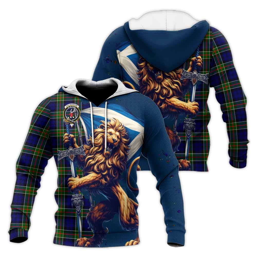 Tartan Vibes Clothing Colquhoun Tartan Family Crest Knitted Hoodie with Scottish Majestic Lion