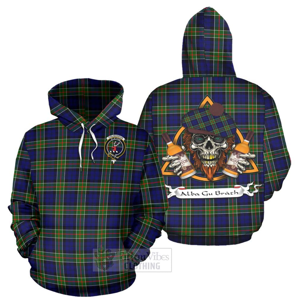 Tartan Vibes Clothing Colquhoun Tartan Hoodie with Family Crest and Bearded Skull Holding Bottles of Whiskey