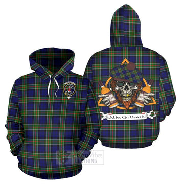 Colquhoun Tartan Hoodie with Family Crest and Bearded Skull Holding Bottles of Whiskey