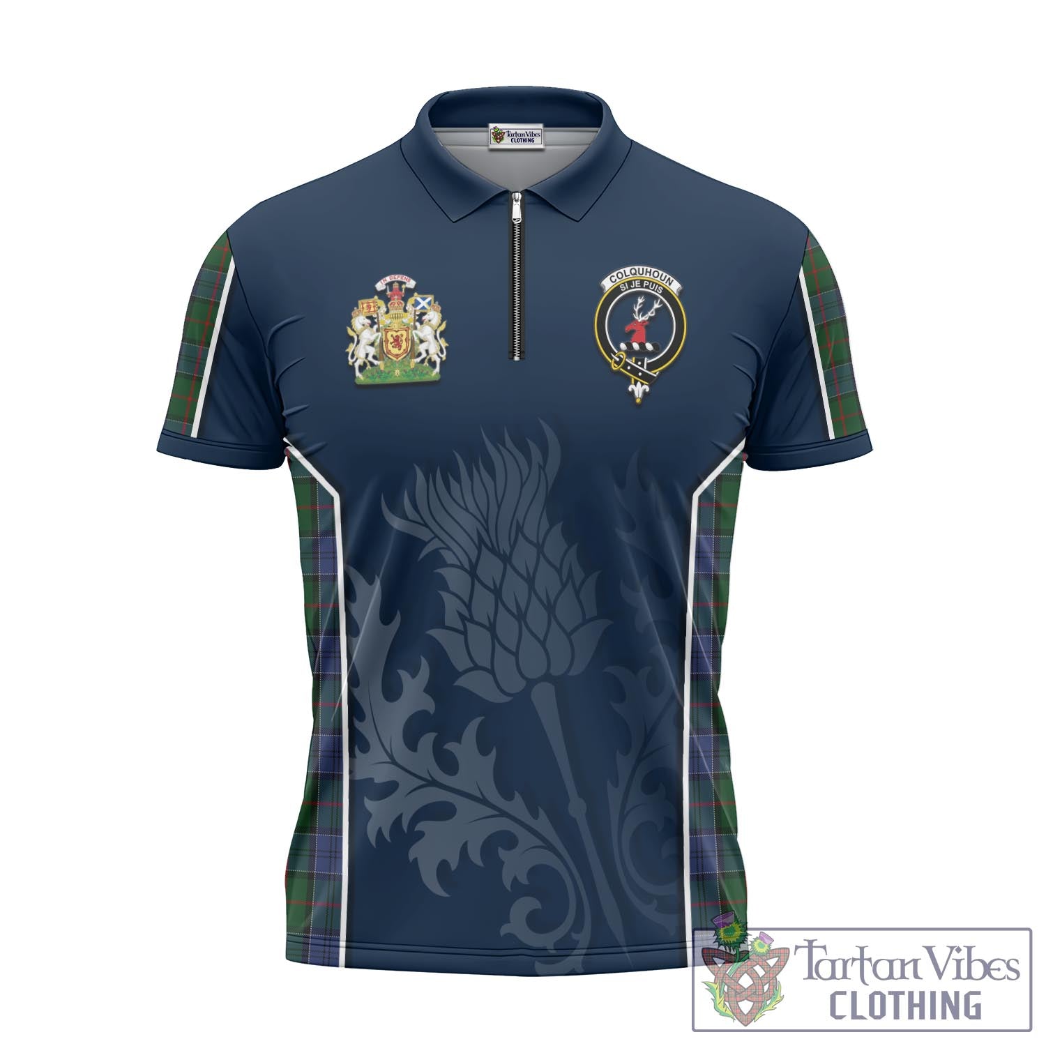 Tartan Vibes Clothing Colquhoun Tartan Zipper Polo Shirt with Family Crest and Scottish Thistle Vibes Sport Style