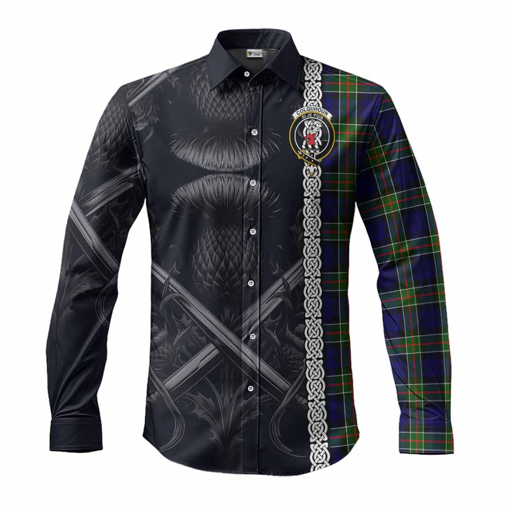 Tartan Vibes Clothing Colquhoun Tartan Long Sleeve Button Shirt with Family Crest Cross Sword Thistle Celtic Vibes