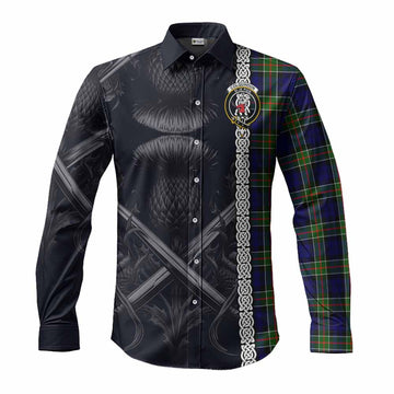 Colquhoun Tartan Long Sleeve Button Shirt with Family Crest Cross Sword Thistle Celtic Vibes