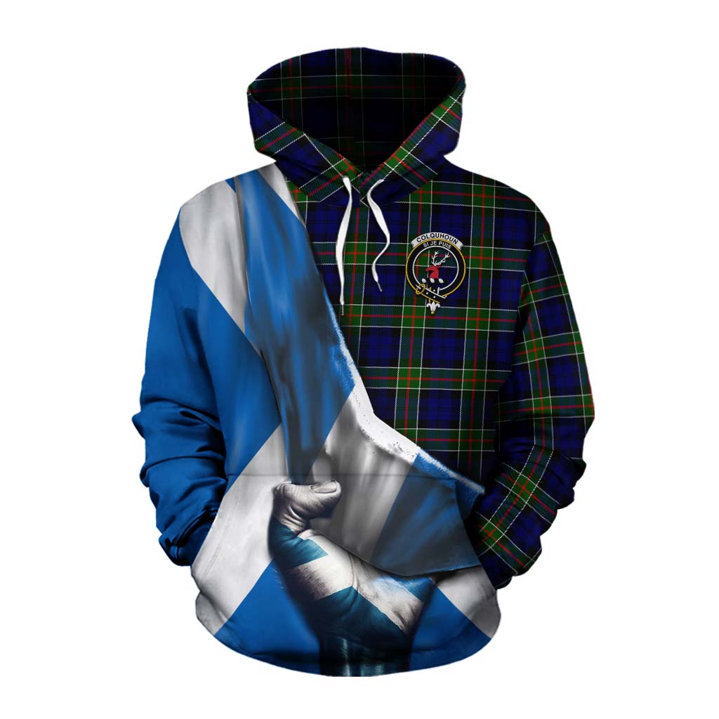 Tartan Vibes Clothing Colquhoun Tartan Cotton Hoodie with Family Crest Scotland Patriotic Style