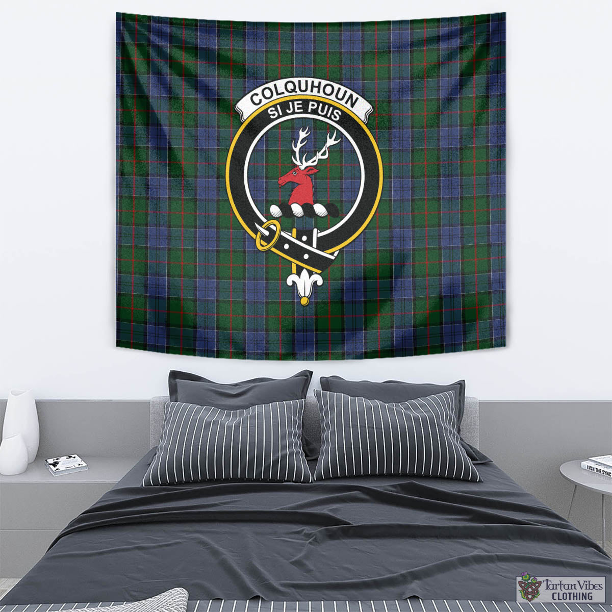 Tartan Vibes Clothing Colquhoun Tartan Tapestry Wall Hanging and Home Decor for Room with Family Crest