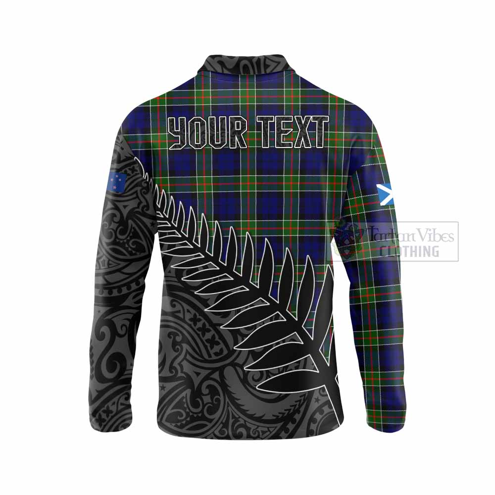 Tartan Vibes Clothing Colquhoun Crest Tartan Long Sleeve Polo Shirt with New Zealand Silver Fern Half Style