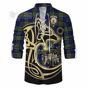 Colquhoun Tartan Ghillie Kilt Shirt with Family Crest Celtic Wolf Style