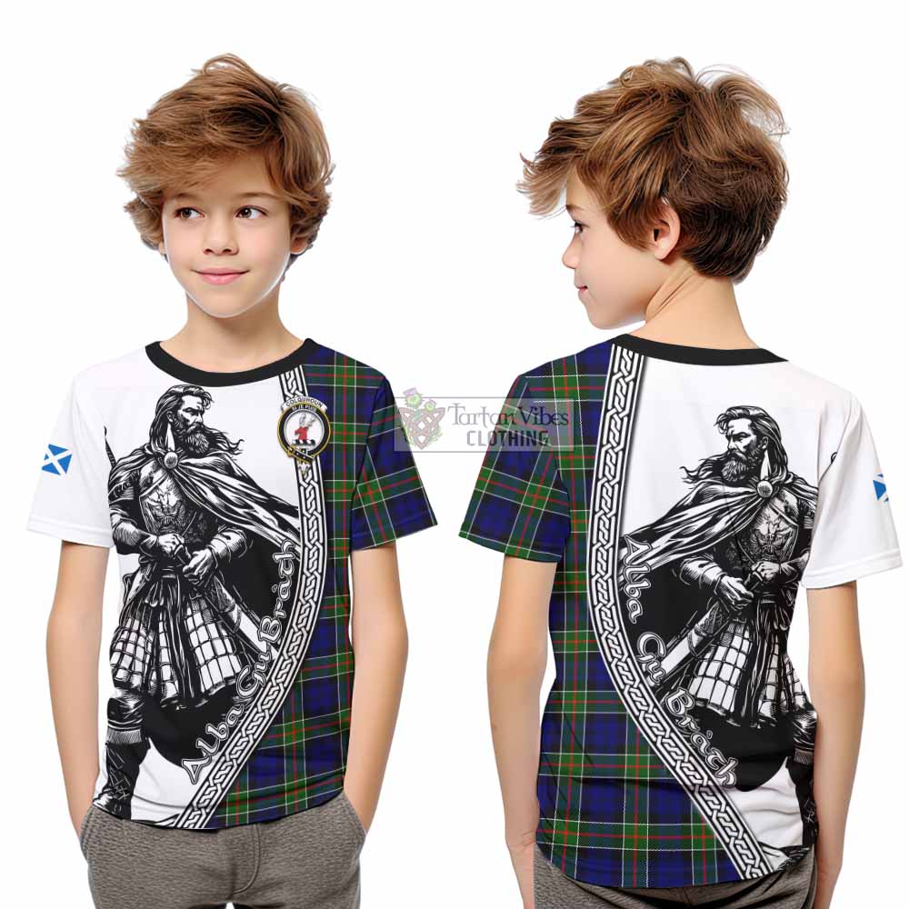 Colquhoun Tartan Clan Crest Kid T-Shirt with Highlander Warrior Celtic Style