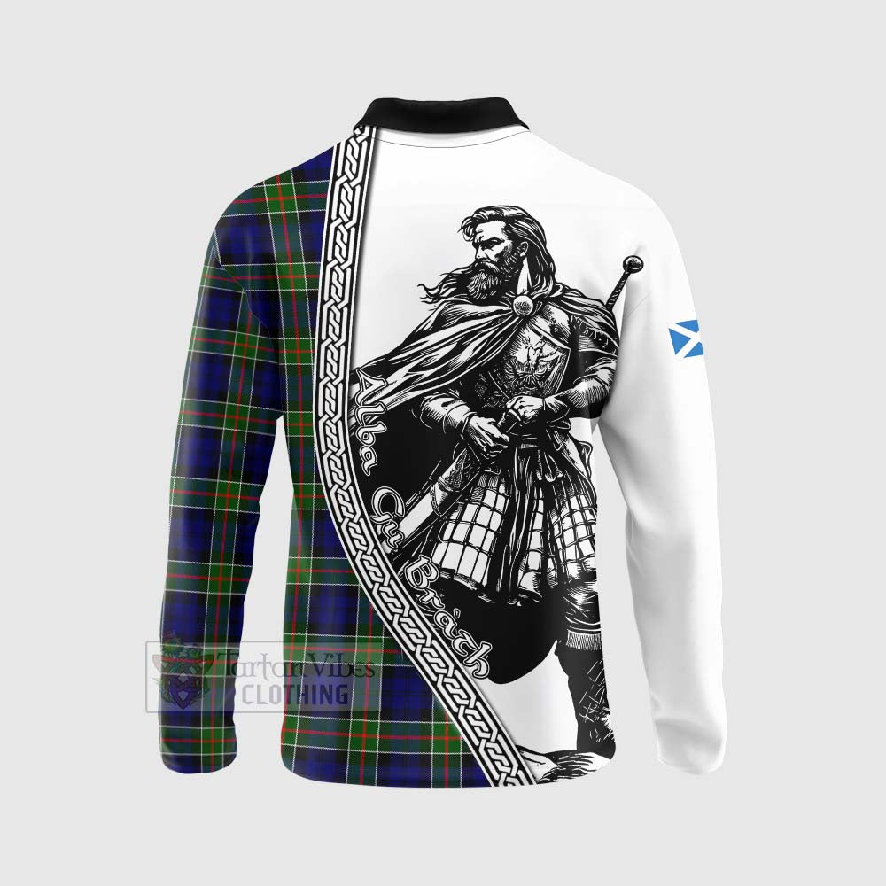 Tartan Vibes Clothing Colquhoun Tartan Clan Crest Long Sleeve Polo Shirt with Highlander Warrior Celtic Style