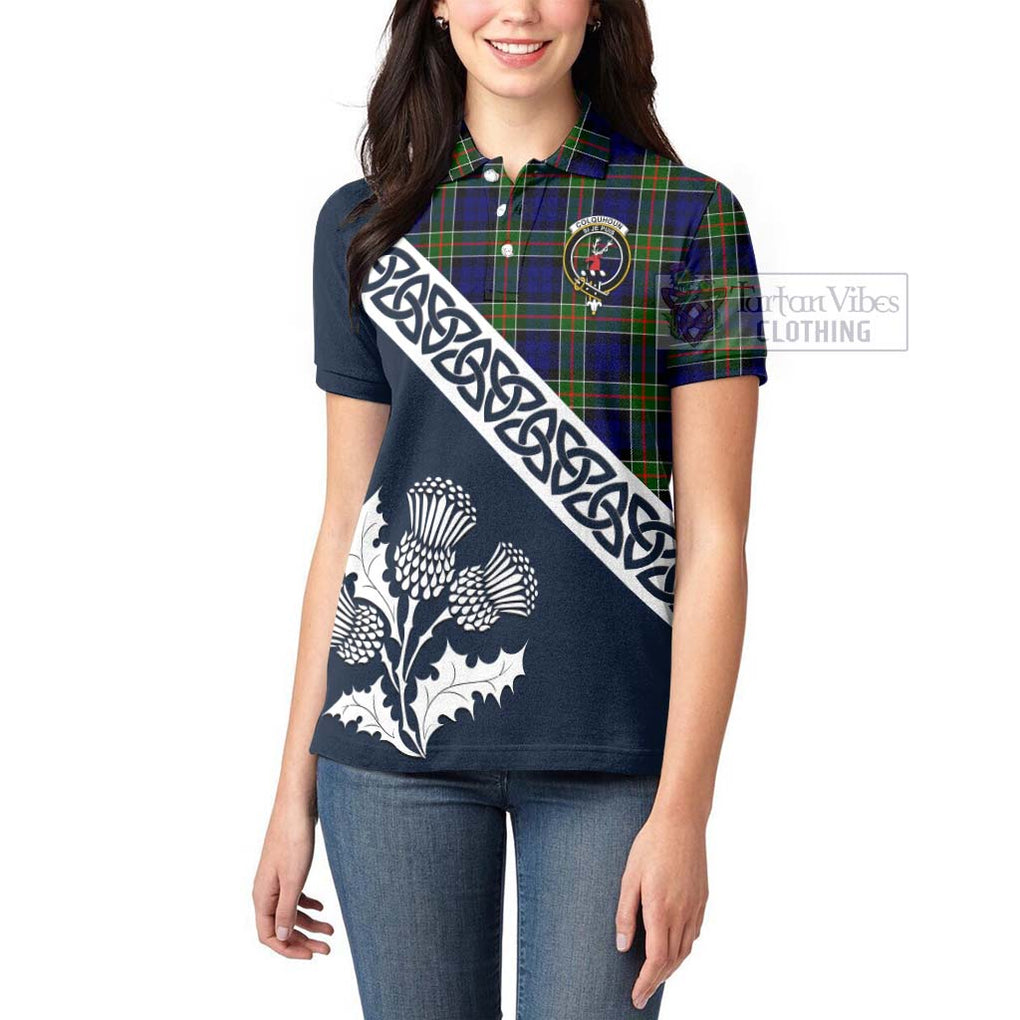 Tartan Vibes Clothing Colquhoun Tartan Women's Polo Shirt Featuring Thistle and Scotland Map