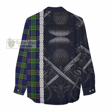 Colquhoun Tartan Women's Casual Shirt with Family Crest Cross Sword Thistle Celtic Vibes