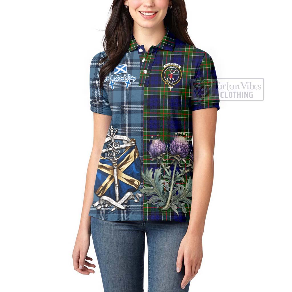 Tartan Vibes Clothing Colquhoun Tartan Women's Polo Shirt Happy St. Andrew's Day Half Tartan Style