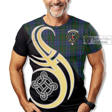 Colquhoun Tartan T-Shirt with Family Crest and Celtic Symbol Style