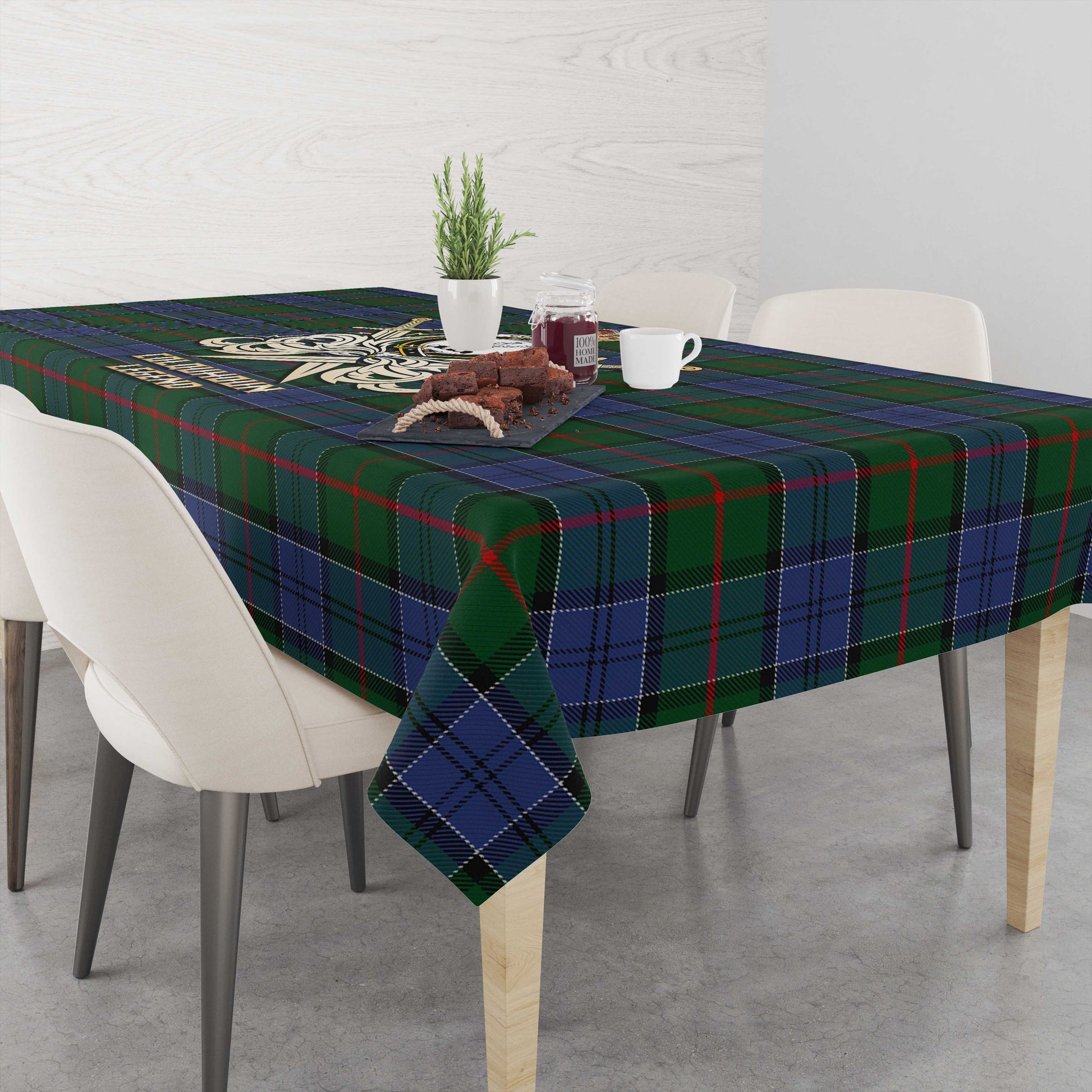 Tartan Vibes Clothing Colquhoun Tartan Tablecloth with Clan Crest and the Golden Sword of Courageous Legacy