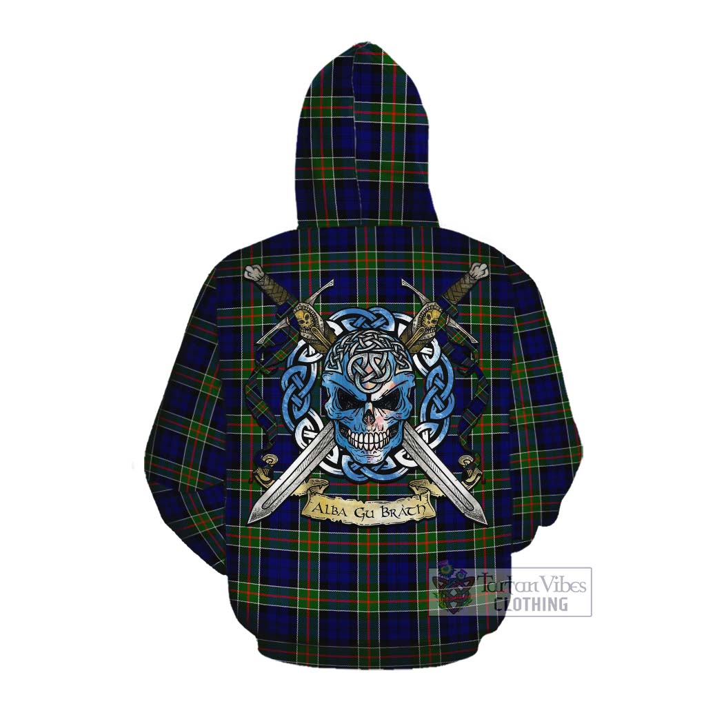 Tartan Vibes Clothing Colquhoun Tartan Cotton Hoodie with Family Crest Celtic Skull Style