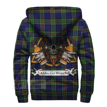 Colquhoun Tartan Sherpa Hoodie with Family Crest and Bearded Skull Holding Bottles of Whiskey