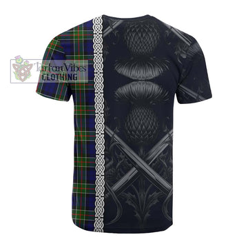 Colquhoun Tartan Cotton T-shirt with Family Crest Cross Sword Thistle Celtic Vibes