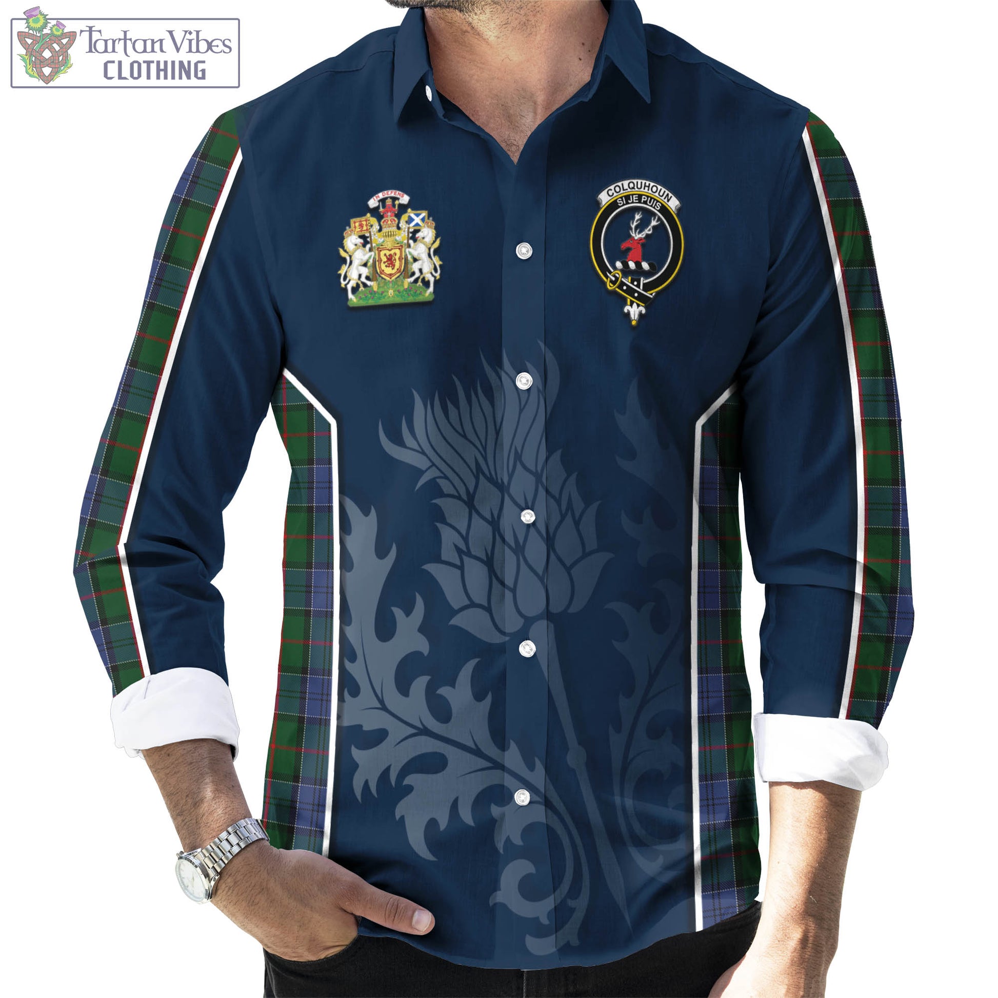 Tartan Vibes Clothing Colquhoun Tartan Long Sleeve Button Up Shirt with Family Crest and Scottish Thistle Vibes Sport Style