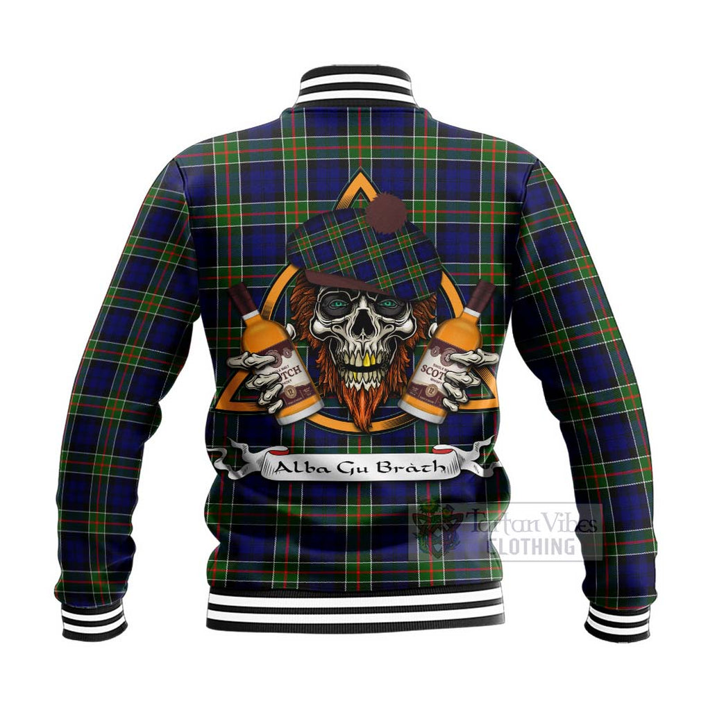 Tartan Vibes Clothing Colquhoun Tartan Baseball Jacket with Family Crest and Bearded Skull Holding Bottles of Whiskey