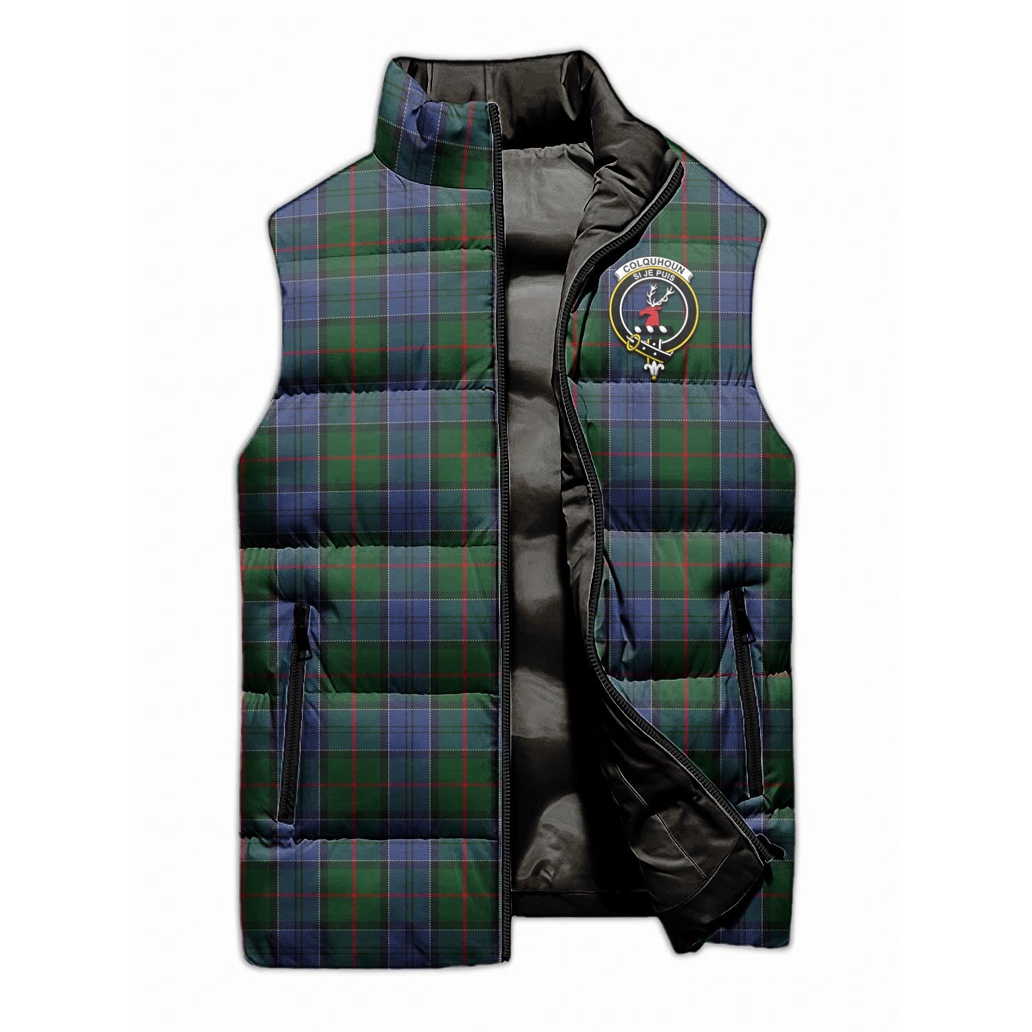 Colquhoun Tartan Sleeveless Puffer Jacket with Family Crest - Tartanvibesclothing