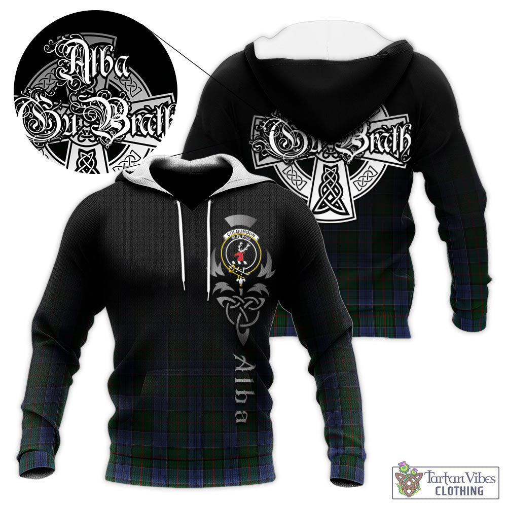 Tartan Vibes Clothing Colquhoun Tartan Knitted Hoodie Featuring Alba Gu Brath Family Crest Celtic Inspired