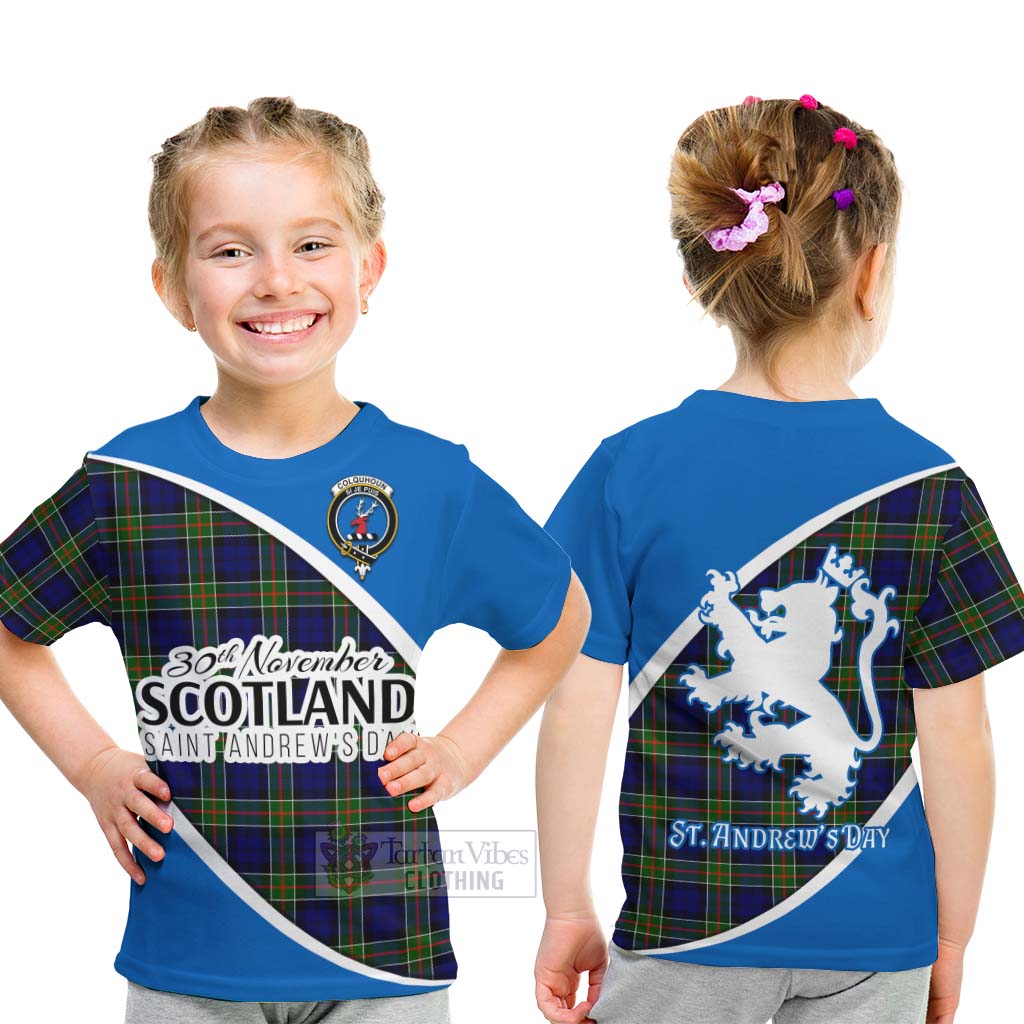 Tartan Vibes Clothing Colquhoun Family Crest Tartan Kid T-Shirt Celebrate Saint Andrew's Day in Style