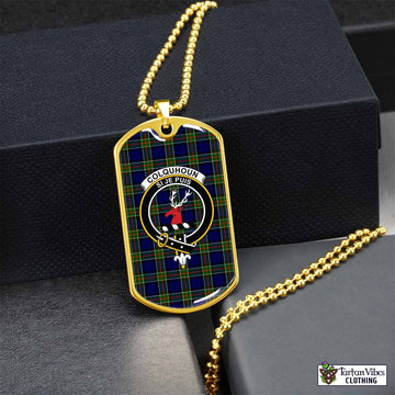 Colquhoun Tartan Dog Tag Necklace with Family Crest