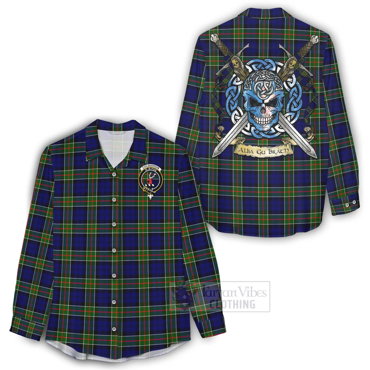 Tartan Vibes Clothing Colquhoun Tartan Women's Casual Shirt with Family Crest Celtic Skull Style