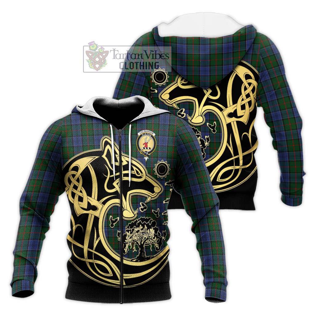Tartan Vibes Clothing Colquhoun Tartan Knitted Hoodie with Family Crest Celtic Wolf Style