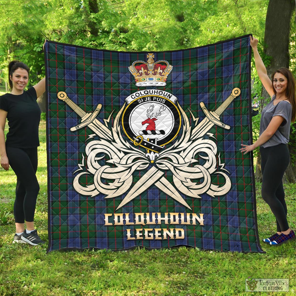 Tartan Vibes Clothing Colquhoun Tartan Quilt with Clan Crest and the Golden Sword of Courageous Legacy