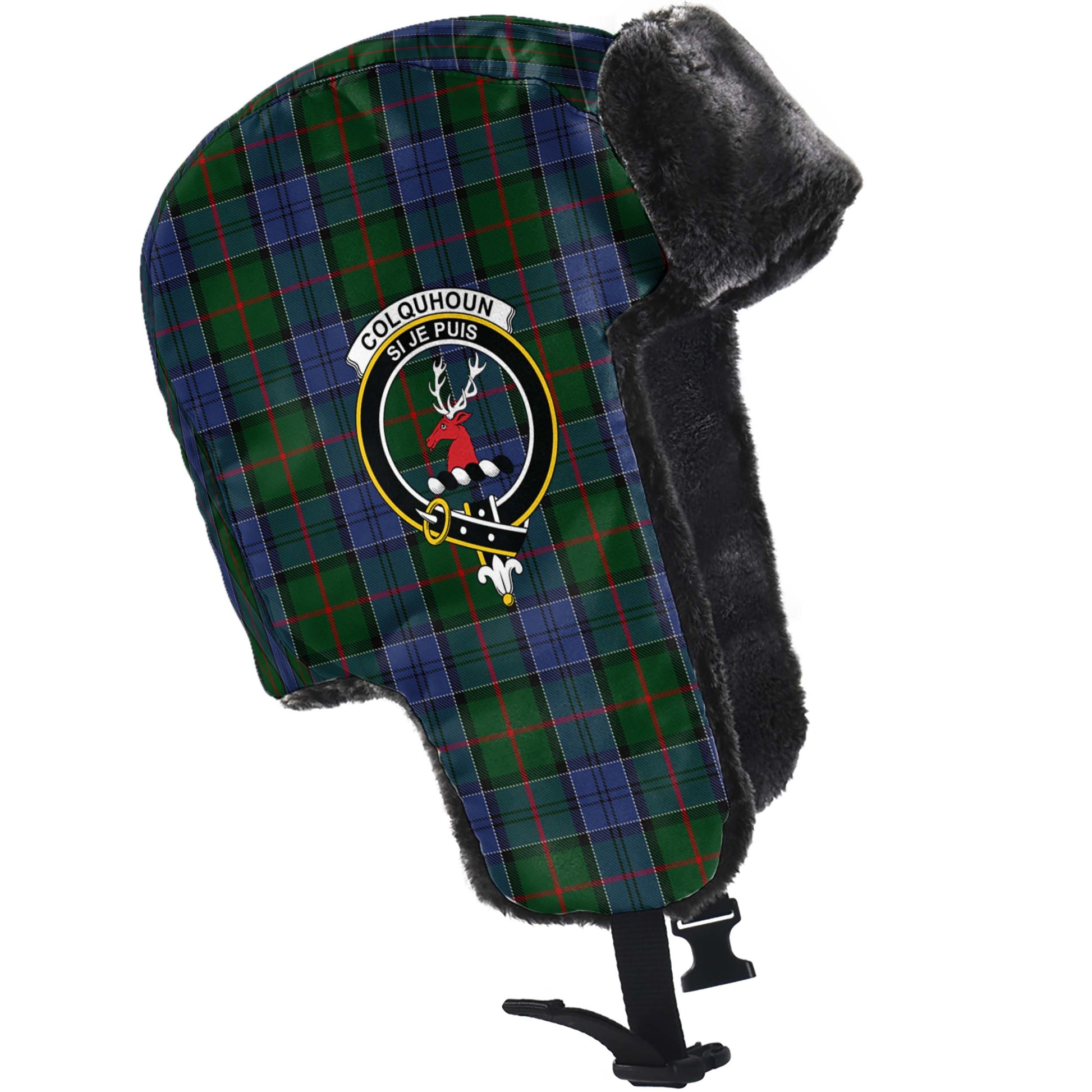 Colquhoun Tartan Winter Trapper Hat with Family Crest - Tartanvibesclothing